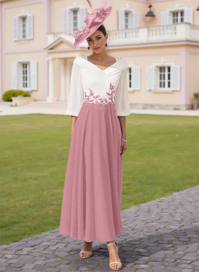 A-Line V-Neck 3/4 Sleeves Chiffon Mother Of The Bride Dresses With Sequins Appliques Lace