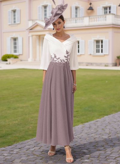A-Line V-Neck 3/4 Sleeves Chiffon Mother Of The Bride Dresses With Sequins Appliques Lace A-Line V-Neck 3/4 Sleeves Chiffon Mother Of The Bride Dresses With Sequins Appliques Lace