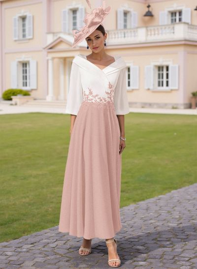 A-Line V-Neck 3/4 Sleeves Chiffon Mother Of The Bride Dresses With Sequins Appliques Lace