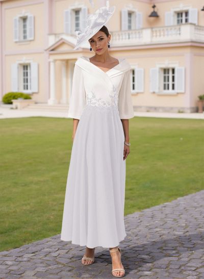 A-Line V-Neck 3/4 Sleeves Chiffon Mother Of The Bride Dresses With Sequins Appliques Lace