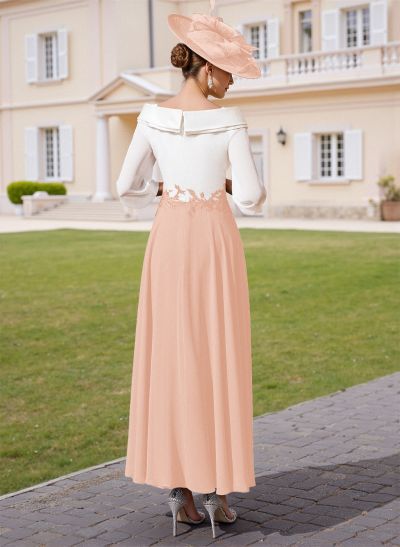 A-Line V-Neck 3/4 Sleeves Chiffon Mother Of The Bride Dresses With Sequins Appliques Lace