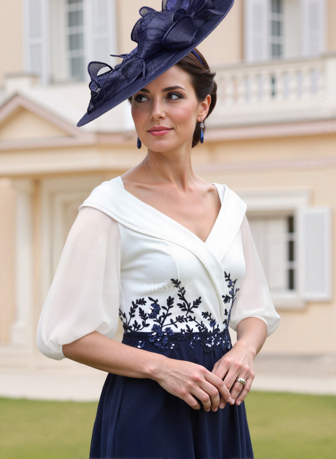 A-Line V-Neck 3/4 Sleeves Chiffon Mother Of The Bride Dresses With Sequins Appliques Lace