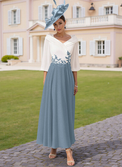 A-Line V-Neck 3/4 Sleeves Chiffon Mother Of The Bride Dresses With Sequins Appliques Lace