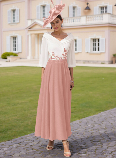 A-Line V-Neck 3/4 Sleeves Chiffon Mother Of The Bride Dresses With Sequins Appliques Lace