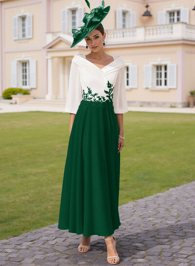 A-Line V-Neck 3/4 Sleeves Chiffon Mother Of The Bride Dresses With Sequins Appliques Lace