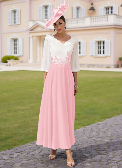 A-Line V-Neck 3/4 Sleeves Chiffon Mother Of The Bride Dresses With Sequins Appliques Lace