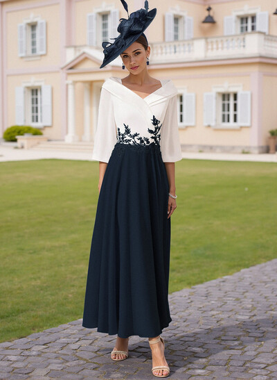 A-Line V-Neck 3/4 Sleeves Chiffon Mother Of The Bride Dresses With Sequins Appliques Lace