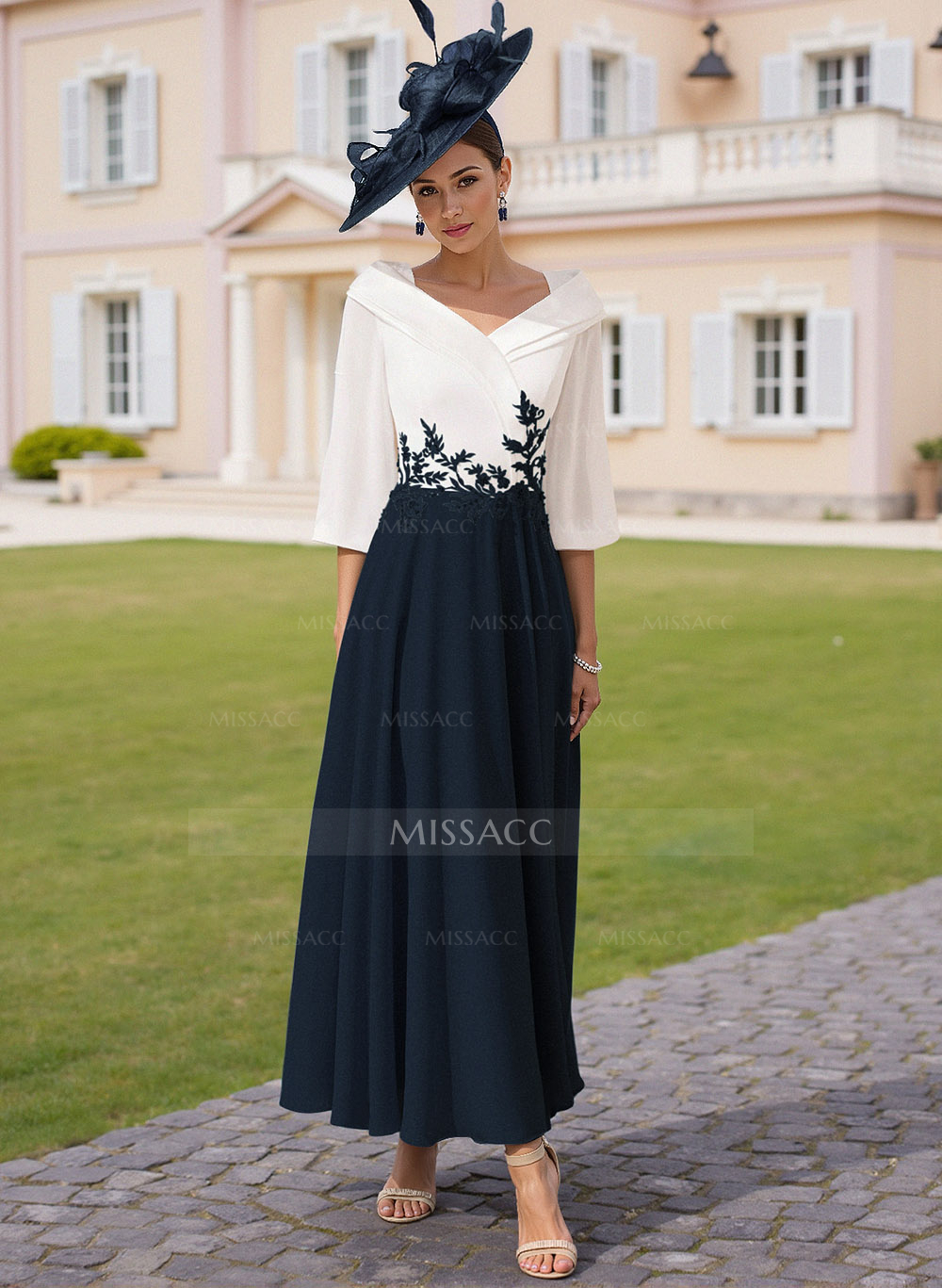 A-Line V-Neck 3/4 Sleeves Chiffon Mother Of The Bride Dresses With Sequins Appliques Lace