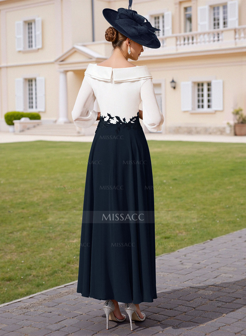 A-Line V-Neck 3/4 Sleeves Chiffon Mother Of The Bride Dresses With Sequins Appliques Lace