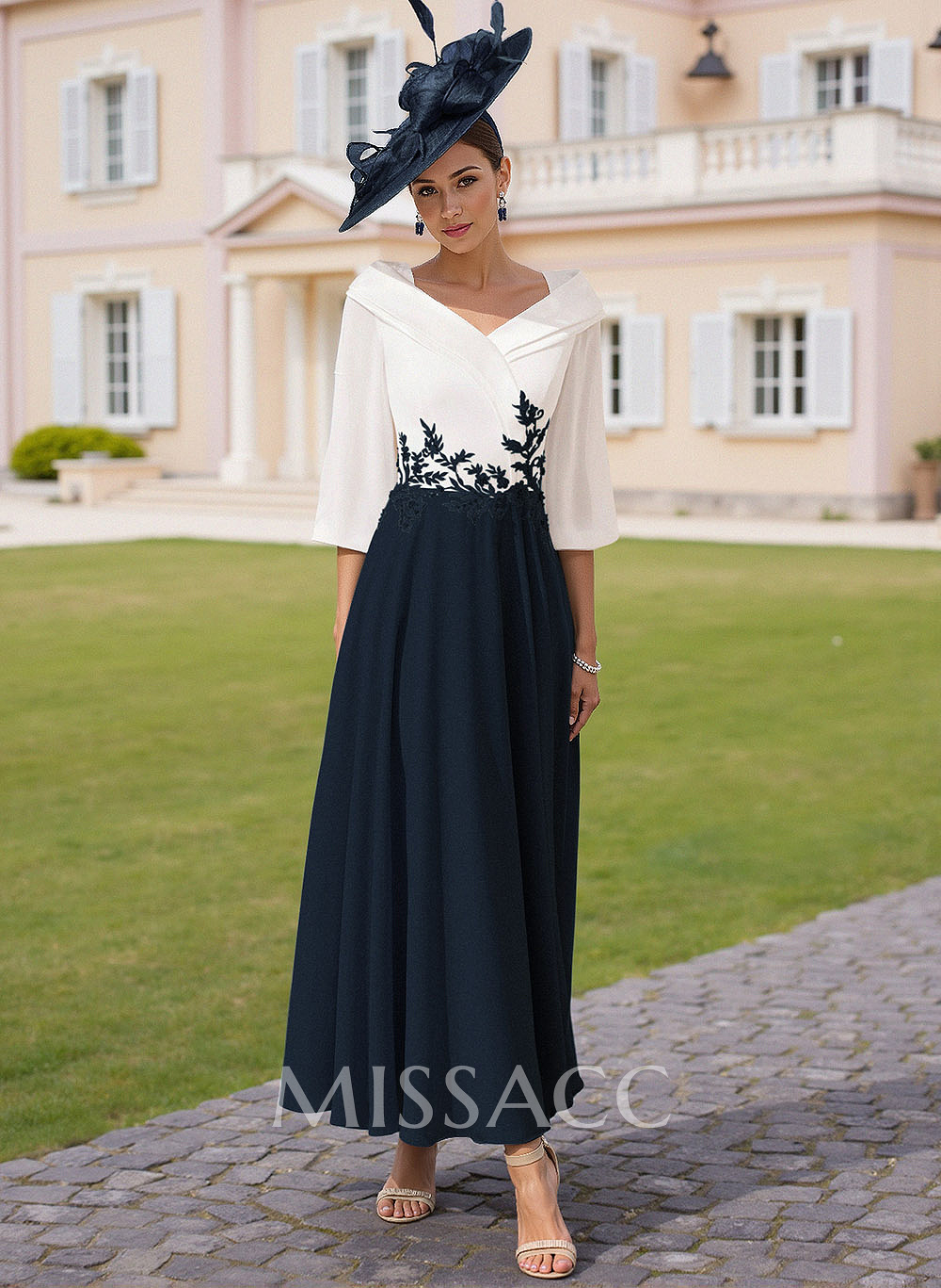 A-Line V-Neck 3/4 Sleeves Chiffon Mother Of The Bride Dresses With Sequins Appliques Lace