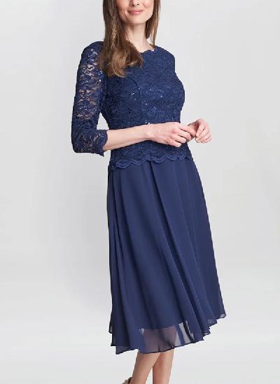 A-Line 3/4 Sleeves Chiffon Mother Of The Bride Dresses With Appliques Lace