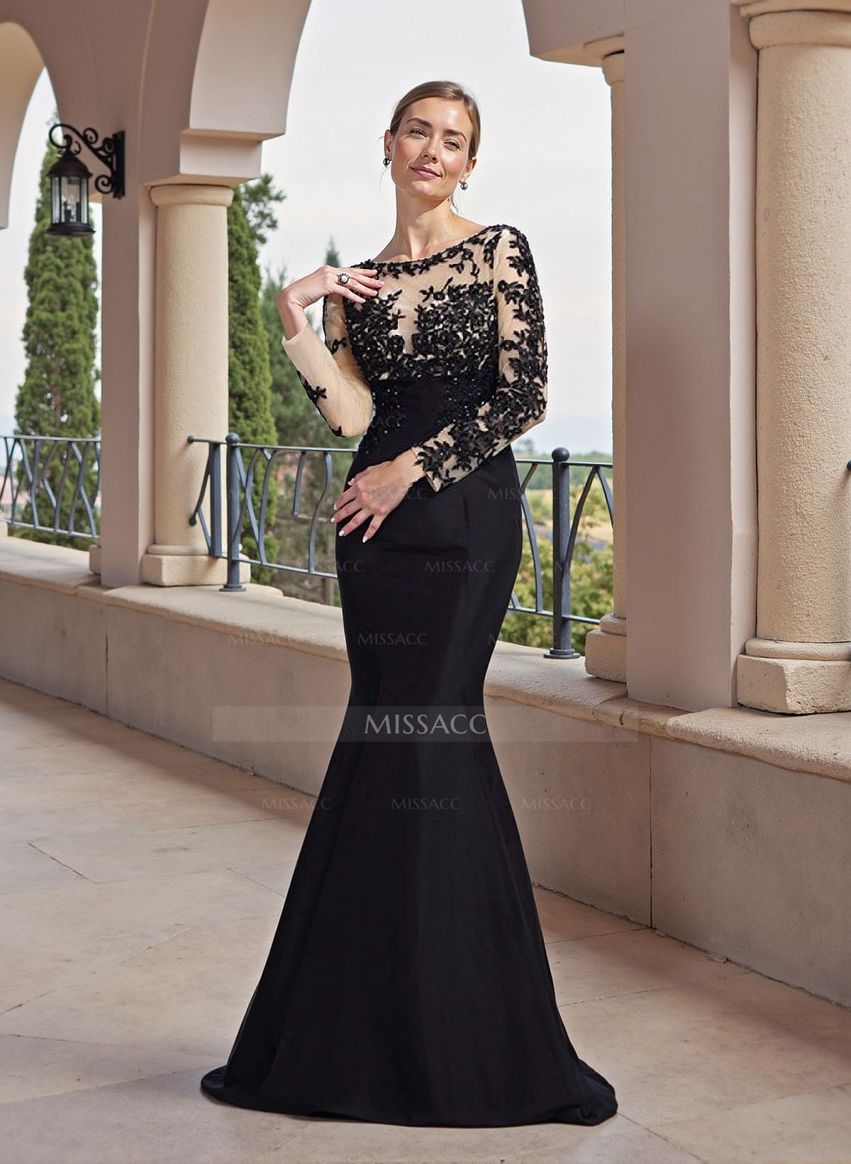 Trumpet/Mermaid Illusion Neck Long Sleeves Taffeta/Lace Mother Of The Bride Dresses