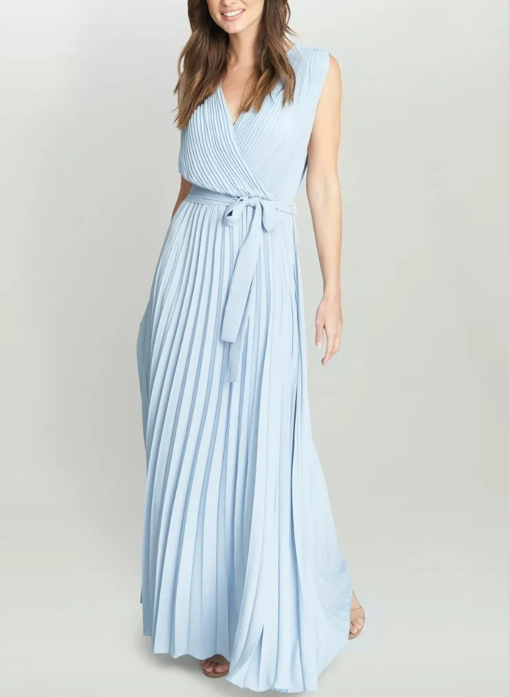 V-Neck Pleated Chiffon Long Mother Of The Bride Dresses With Wrap