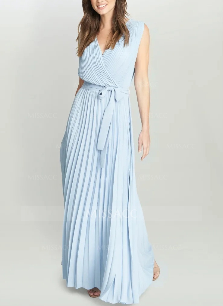 V-Neck Pleated Chiffon Long Mother Of The Bride Dresses With Wrap