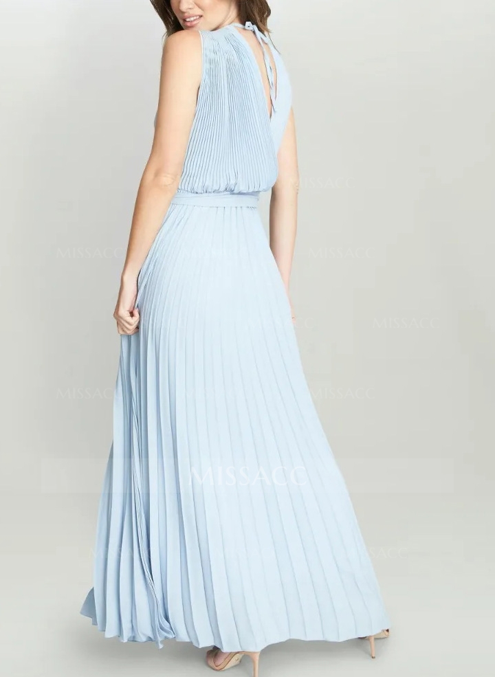 V-Neck Pleated Chiffon Long Mother Of The Bride Dresses With Wrap
