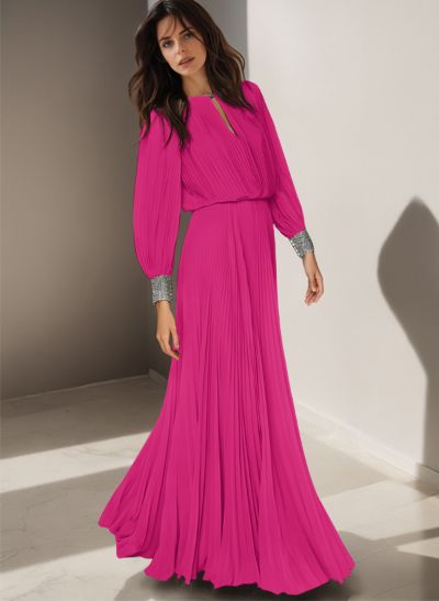 A-Line Scoop Neck Long Sleeves Floor-Length Chiffon Mother Of The Bride Dresses With Beading