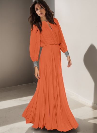 A-Line Scoop Neck Long Sleeves Floor-Length Chiffon Mother Of The Bride Dresses With Beading