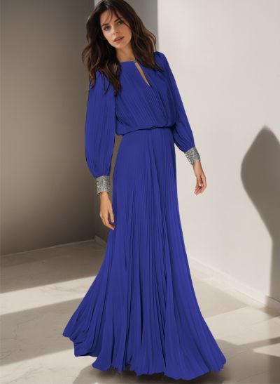 A-Line Scoop Neck Long Sleeves Floor-Length Chiffon Mother Of The Bride Dresses With Beading