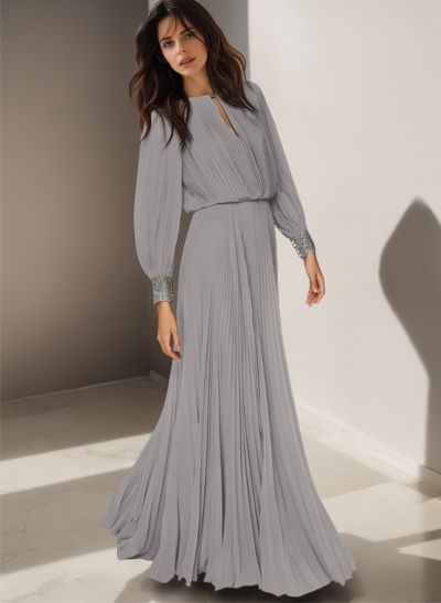 A-Line Scoop Neck Long Sleeves Floor-Length Chiffon Mother Of The Bride Dresses With Beading