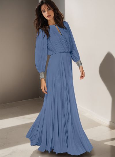 A-Line Scoop Neck Long Sleeves Floor-Length Chiffon Mother Of The Bride Dresses With Beading