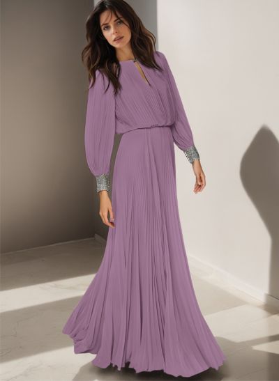 A-Line Scoop Neck Long Sleeves Floor-Length Chiffon Mother Of The Bride Dresses With Beading
