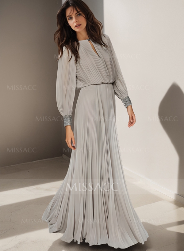 Classic Long Lantern Sleeves Scoop Neck Ruched Chiffon Mother Of The Bride Dresses