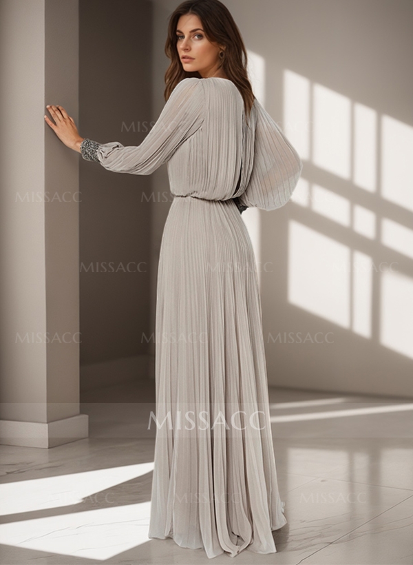 Classic Long Lantern Sleeves Scoop Neck Ruched Chiffon Mother Of The Bride Dresses