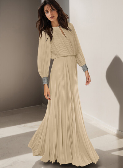 Classic Long Lantern Sleeves Scoop Neck Ruched Chiffon Mother Of The Bride Dresses