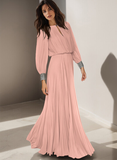 Classic Long Lantern Sleeves Scoop Neck Ruched Chiffon Mother Of The Bride Dresses