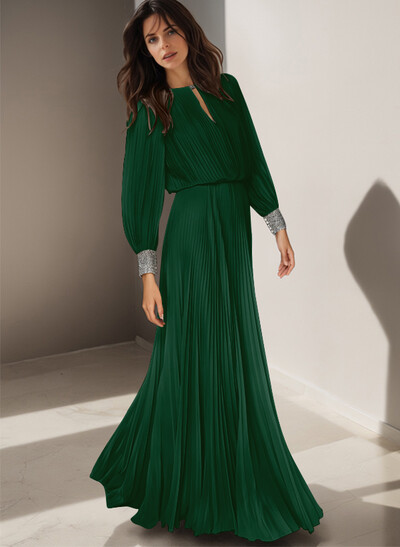 Classic Long Lantern Sleeves Scoop Neck Ruched Chiffon Mother Of The Bride Dresses