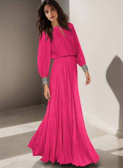Classic Long Lantern Sleeves Scoop Neck Ruched Chiffon Mother Of The Bride Dresses