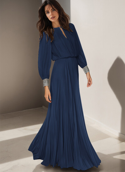 Classic Long Lantern Sleeves Scoop Neck Ruched Chiffon Mother Of The Bride Dresses