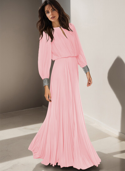 Classic Long Lantern Sleeves Scoop Neck Ruched Chiffon Mother Of The Bride Dresses