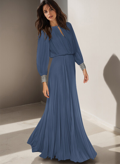 Classic Long Lantern Sleeves Scoop Neck Ruched Chiffon Mother Of The Bride Dresses