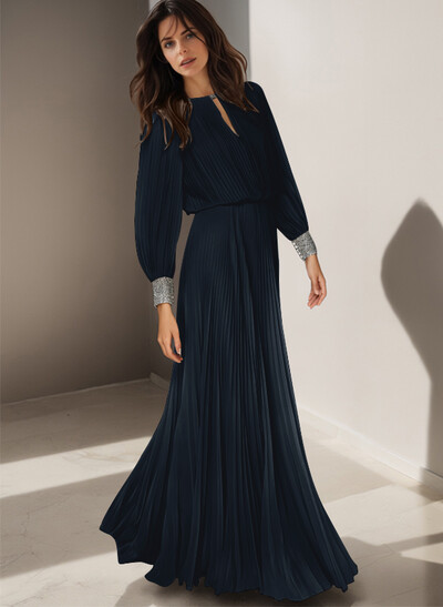Classic Long Lantern Sleeves Scoop Neck Ruched Chiffon Mother Of The Bride Dresses