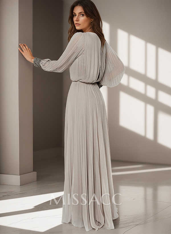 Classic Long Lantern Sleeves Scoop Neck Ruched Chiffon Mother Of The Bride Dresses Classic Long Lantern Sleeves Scoop Neck Ruched Chiffon Mother Of The Bride Dresses