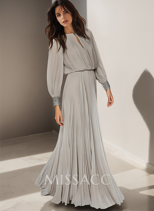 Classic Long Lantern Sleeves Scoop Neck Ruched Chiffon Mother Of The Bride Dresses Classic Long Lantern Sleeves Scoop Neck Ruched Chiffon Mother Of The Bride Dresses