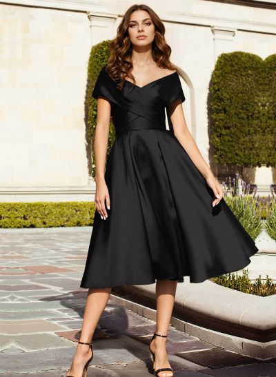 A-Line Off-The-Shoulder Tea-Length Soft Satin Mother Of The Bride Dresses