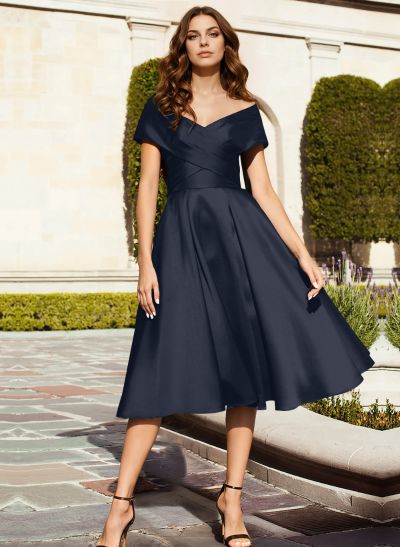 A-Line Off-The-Shoulder Tea-Length Soft Satin Mother Of The Bride Dresses