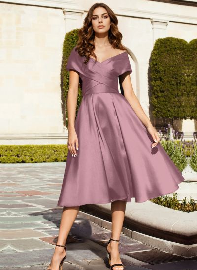 A-Line Off-The-Shoulder Tea-Length Soft Satin Mother Of The Bride Dresses