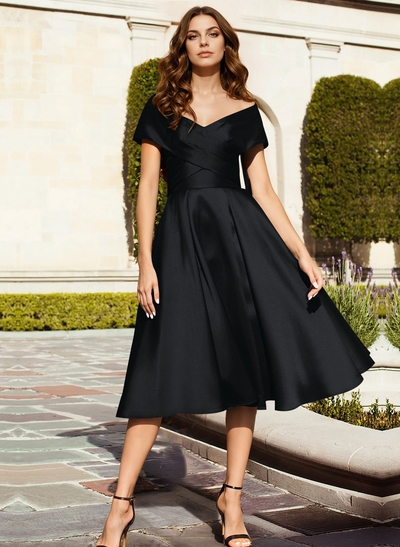 A-Line Off-The-Shoulder Tea-Length Satin Mother Of The Bride Dresses