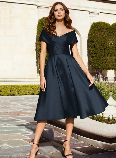 A-Line Off-The-Shoulder Tea-Length Satin Mother Of The Bride Dresses