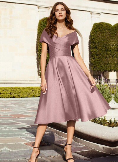 A-Line Off-The-Shoulder Tea-Length Satin Mother Of The Bride Dresses