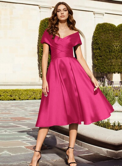 A-Line Off-The-Shoulder Tea-Length Satin Mother Of The Bride Dresses