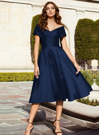 A-Line Off-The-Shoulder Tea-Length Satin Mother Of The Bride Dresses
