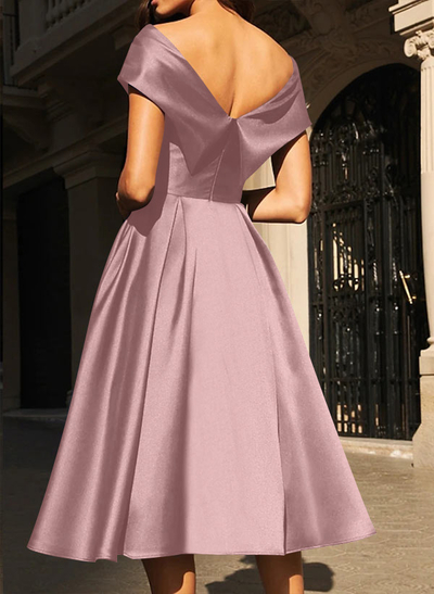 A-Line Off-The-Shoulder Tea-Length Satin Mother Of The Bride Dresses