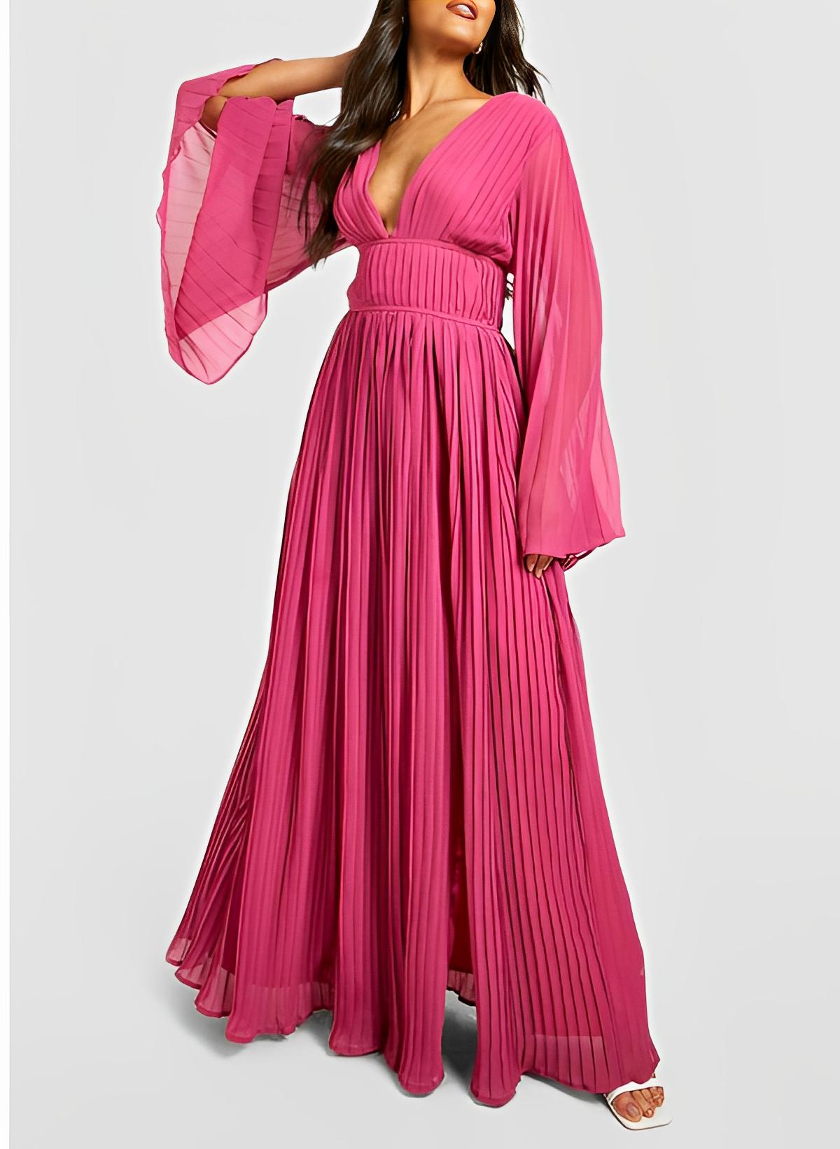 Beach Boho V-Neck Long Sleeves Floor-Length Chiffon Mother Of The Bride Dresses With Pleated