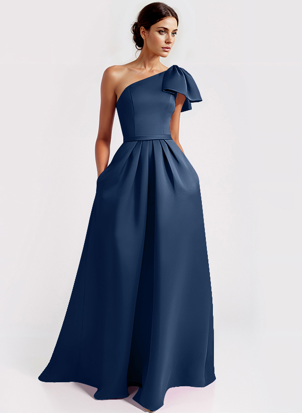 One-Shoulder A-Line Elegant Evening Dresses With Bow Sweep Train