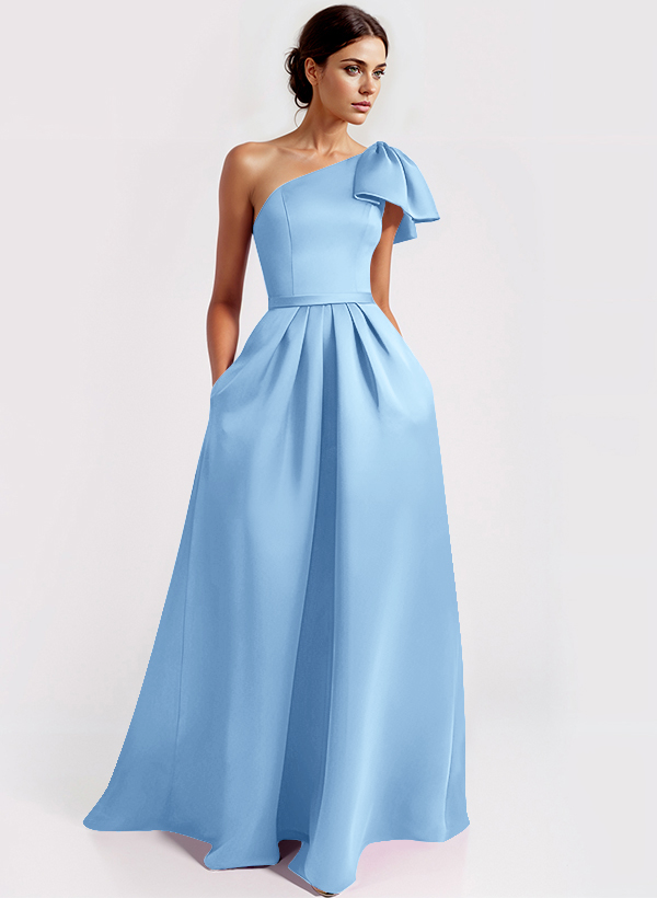 One-Shoulder A-Line Elegant Evening Dresses With Bow Sweep Train