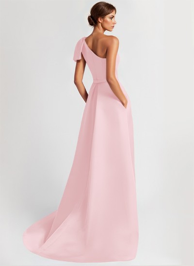 Unique Bow Accented One-Shoulder Ruched Wasit Satin Mother Of The Bride Dresses